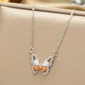 Colorful butterfly pendant necklace with orange stone and white opal on O-chain - Silver Orange Butterfly Style