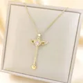 Cupid Angel Wing Heart Pendant Necklace with Pink Zircon and Golden Tassel Details - Gold