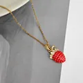 Elegant strawberry pendant necklace with red enamel and crystals on golden chain - Strawberry Zirconia Pendant Necklace