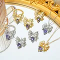 Titanium steel bow jewelry set with purple heart stones including necklace and ring - Set / Gold