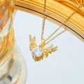 Elegant gold titanium steel antler necklace with large zircon stone and pavé crystal wings - Angel Wing Style (C385) / Gold