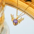 Titanium steel angel wings necklace with purple zircon stone and gold finish - Purple Angel Wing Style (C385) / Gold Purple