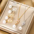 Elegant snowflake pearl jewelry set with zircon necklace and earrings in gold and silver - Necklace And Earrings / Gold Necklace And Earrings (T132)