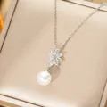 Elegant titanium steel necklace with pearl flower pendant and zircon tassel details - Necklace / Silver Necklace (T132)