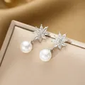 Elegant snowflake pearl drop earrings with marquise zircon stones and white pearls - Stud Earrings / Silver Stud Earrings (T132)