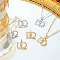 Titanium steel interlocking D-shape necklace and earrings set with zircon stones - Gold Set