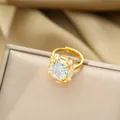 Adjustable gold titanium ring with a square sugar cube zircon and pavé diamond accents - Gold Open Adjustable Ring / Gold
