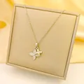 Titanium steel necklace with double clover pendant micro-pave crystals on gold box - Silver Double Layer Clover Necklace / Silver
