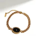 Elegant gold stainless steel bracelet with black Greek fret dial charm and thick chain link - Oval Link Style / Gold