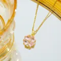 Pink heart clover necklace in gold plating with crystal pendant on mirror surface - Gold Pink