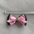 Roze en zwarte haarspeld met strik, sneeuwvlokpatroon en strass in het midden - Sneeuwvlok Roze Mesh Gelaagde Stijl (4)
