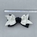 Detail of 10.5cm black and white cotton bow accessory with lace and small square rhinestones - Double Layer Satin Lace Square Rhinestone Style (4)