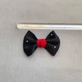 Detail view of a 6cm black satin bow with red center and silver studs for DIY crafts - Black Main Red Core Silver Rhinestone Style(5)
