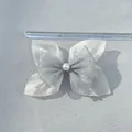 Close-up of double-layer mesh bow with rhinestones and pearl center showing 10cm size - Silver Gray Off-white Translucent Mesh Style (5)