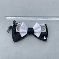 DIY black and white satin ribbon bow with lace and heart rhinestones, 11.5cm width - Patchwork Lace Heart Rhinestone Style (1)