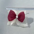 Detail of burgundy and cream double-layered bow hair accessory with pearl and ruler scale - Wine Red Off-white Glitter Mesh Style (9)