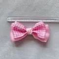 Detailed view of a pink plaid mesh bow accessory with silver beads and size measurement - Pink Grid Satin Beaded Style (9)