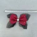 Detail of red and black double-layered bow with pearls and silver beads, 12cm wide - Deep Red Fabric Black Tulle Style (11)