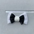 Close-up of black and white bow accessory with silver rhinestones and 8cm measurement scale - Glitter Mesh Satin Bright Rhinestone Style (8)