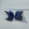 Blue and black organza bow hair clip with pearl center and rhinestones, 14cm wide - Navy Blue Black Organza Color Block Style (2)