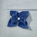 Dark blue ribbon bow hair clip with faux pearl center and a 13cm width measurement - Navy Blue Shiny Satin Style (3)