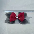 Detail view of 12cm double-layered bow with red glitter, black mesh and pearl center - Red Black Spliced Rhinestone Style (6)