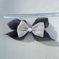 Close-up of a 13cm black chiffon and silver silk ribbon bow hairclip with pearl and rhinestones - Black Chiffon Silver Gray Shiny Style (7)
