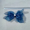 Detail of navy blue ribbon bow with faux pearl and silver rhinestones, 12cm length - Navy Blue Wavy Edge Mesh Style (8)