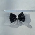 Detailed top view of a 12cm black satin bow with mesh wings and faux pearl accent - Black Satin White Mesh Color Block Style (10)