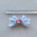 Blue ribbon bow with strawberry charm and white lace, measuring approximately 6 cm wide - Light Blue Satin Strawberry White Flower Style (4)