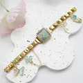 Details einer goldenen quadratischen Uhr mit grünem Zifferblatt und italienischem Charm-Armband - Gold Grünes Zifferblatt Kaktus Charm Stil (4)