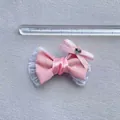 Pink checkered bow with white lace edge and heart crystal for DIY crafts, 6cm width - Pink and White Fine Plaid (1)