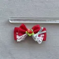 Handmade red satin bow hair clip with white lace trim and cute strawberry centerpiece - Red Style