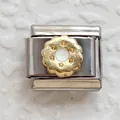 Detail of stainless steel Italian charm featuring a gold floral circular inlay - Gold Base Silver Flower/Biscuit Style (4)