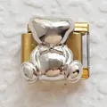 Close-up of dual-tone Italian charm featuring a silver teddy bear on a gold base - Gold Base Polished Silver Bear (16)