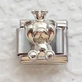 Macro detail of silver stainless steel Italian charm featuring a 3D crown bear relief - Silver Crown Bear Style (6)