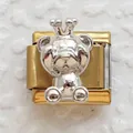 Detailed close-up of a silver crown bear charm on a gold Italian modular bracelet link - Gold Base Silver Crown Bear (17)