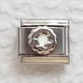 Macro detail of Italian modular charm link in polished stainless steel with gear pattern - Silver Gear Flower Pattern (7)