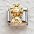 Detail of Italian charm link featuring 3D golden teddy bear with crown on stainless steel base - Gold Crown Bear on Silver Base (8)