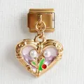 Italian modular charm in gold finish with heart-shaped pearl and purple marble inlay - Vintage Purple Heart Style (1)