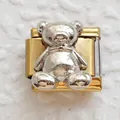 Macro detail of bicolored bear charm link with silver relief and golden base for DIY bracelet - Gold Base Silver Bow Bear (20)
