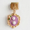 Italian style gold charm with purple base, white pearls and green enamel leaf detail - Purple Oval Artificial Pearl Style (3)