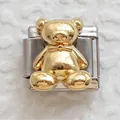 Detail of a modular gold bear charm on a silver stainless steel bracelet link - Gold Tie Bear on Silver Base (10)