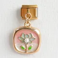 Detail of gold Italian charm with pink enamel, green flower and pearl inlay - Pink White Pearlescent Artificial Pearl Green Flower Style (4)