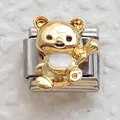 Detail of DIY Italian charm featuring a golden bear and stainless steel modular link - Gold Bear Silver Base with Enamel (11)