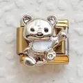 Detailed close-up of a golden Italian charm link with a silver and white panda pendant - Gold Base Silver Cartoon Panda (22)