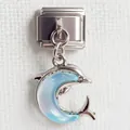 Italienisches Charm-Armband-Element aus Edelstahl mit Delphin-Anhänger und blauem Harz - Delfin-Stil