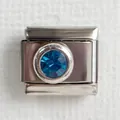 Italian charm bracelet module in silver steel with a faceted blue round gemstone charm - Blue