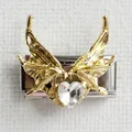 Detail of Italian charm link featuring gold wings and heart-shaped crystal on steel - Heart Wings Silver Style