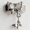 Detailed macro view of butterfly charm link with opal inlay for Italian modular bracelet - Double Butterfly Silver Butterfly Silver Style